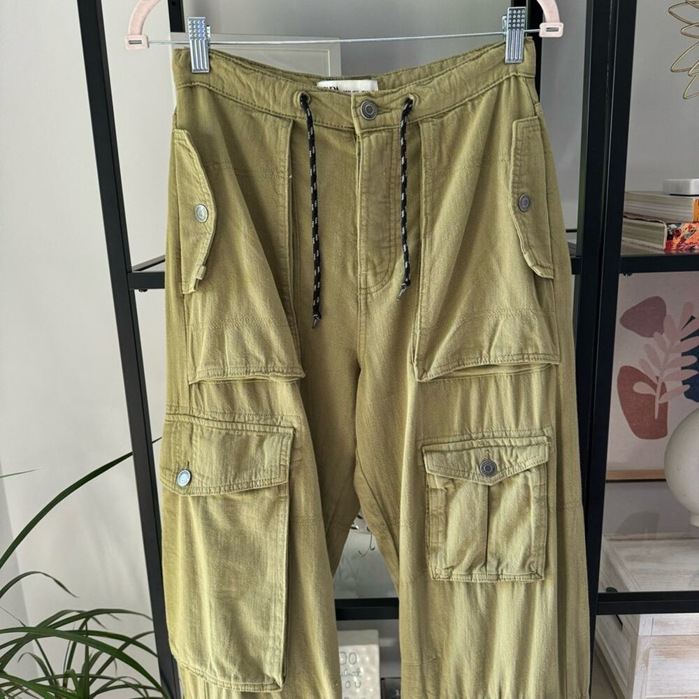 Zara Khaki Olive Green Mid Rise Straight Leg Slouchy Transformable Cargo Pants 2 - Picture 3 of 13